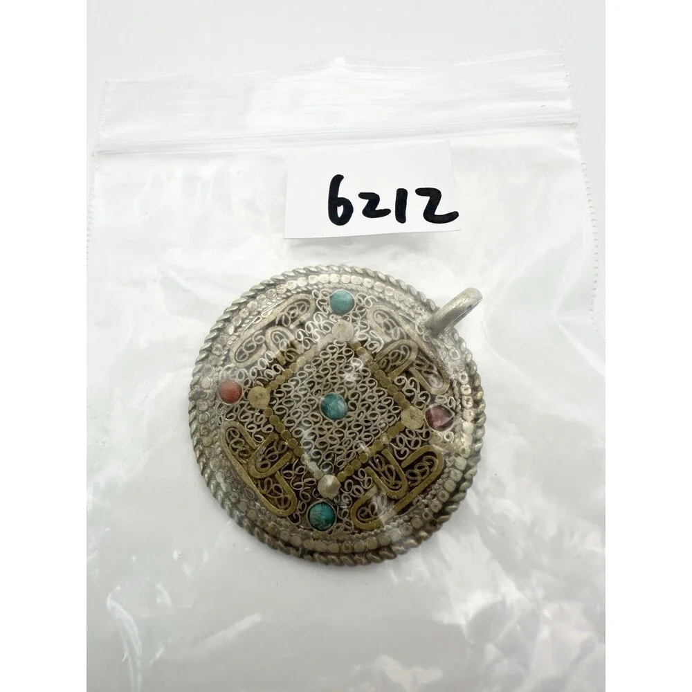 Vtg Tibetan Nepal Coral Turquoise Brass Filigree Double-sided Pendant Amulet